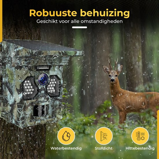 ODESSEY WildCamera met Zonnepaneel - 4K - 48MP - 64GB SD - met Nachtzicht - voor Buiten - Infrarood