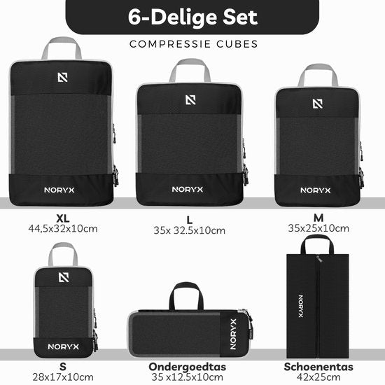 Noryx Packing Cubes 6-delige Set - Met Compressierits - Koffer & Backpack Organizer Set - Reis Compression - Bagage Organizers - Compressie Kleding Cube