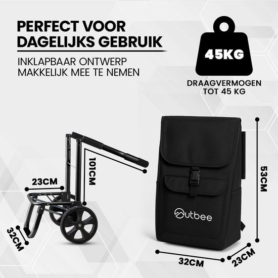 Outbee Boodschappentrolley - Opvouwbaar - Polyester - Met EVA wielen - Aluminium frame - Draagvermogen 45 kg - Zwart