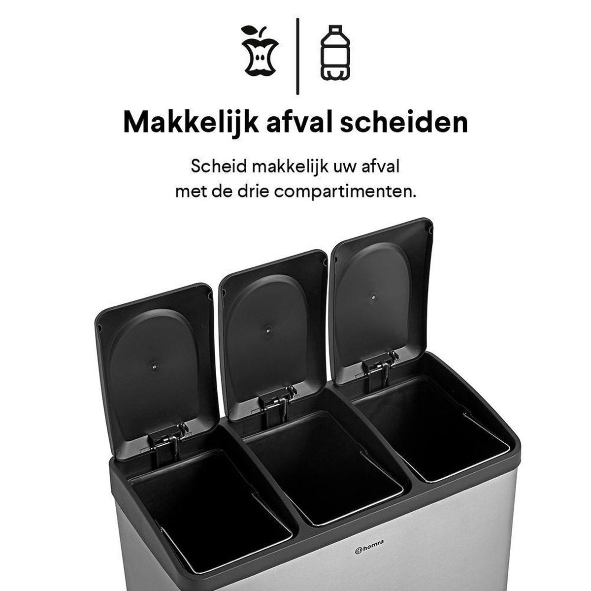 Homra Maxer Pedaalemmer 60 Liter - RVS Prullenbak 3 vakken - Trio Prullenbak 3 X 20 Liter - Prullenbak Afvalscheiding - Vuilnisbak voor huishouden en kantoor - Recycle Vuilbak keuken Afvalemmer Zilver - Afvalscheidingsprullenbakken