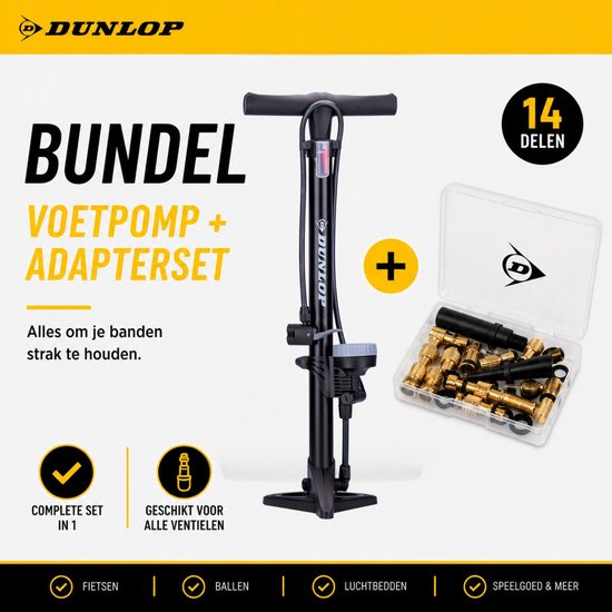 Dunlop Fietspomp met Drukmeter en Ventiel Adapter Set - Vloerpomp 180 PSI - Geschikt voor Presta Dunlop Schrader - Verloopnippels voor Fiets Auto Bal - Inclusief Opbergdoos