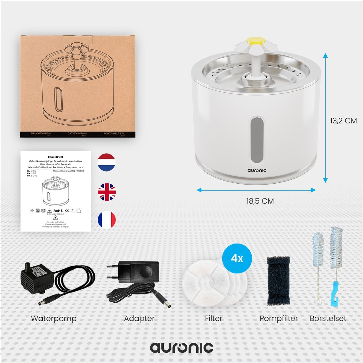 Auronic Drinkfontein - Waterfontein voor Katten en Honden - 2,4L - Dieren Drinkbak - Incl. 4 Filters en 2 Borstels - Wit