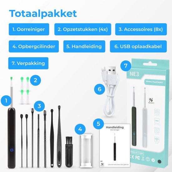 Nuvance - Oorsmeer Verwijderaar met Camera App - Oorreiniger - Oor Schoonmaken Set - Oorspuit - Earscratcher - Incl. Reinigingsset