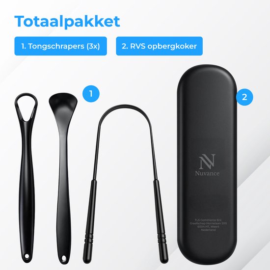 Nuvance Professionele Tongschraper - 3 in 1 Set - voor Mondverzorging - Tongreiniger - Tong Schraper - Tongue Scraper - RVS - Zwart