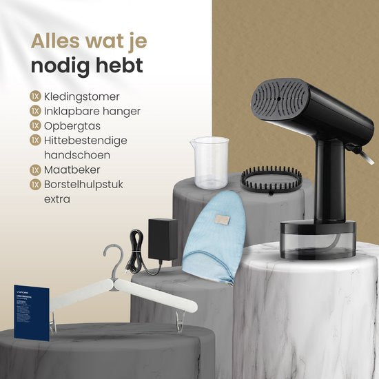Vapore Kledingstomer - Handstomer 1640W - met Inklapbare Hanger & Opbergtas - Stoomapparaat 360ML - Steamer voor Kleding en Meubilair - 2.5m Snoer - Travel Kit