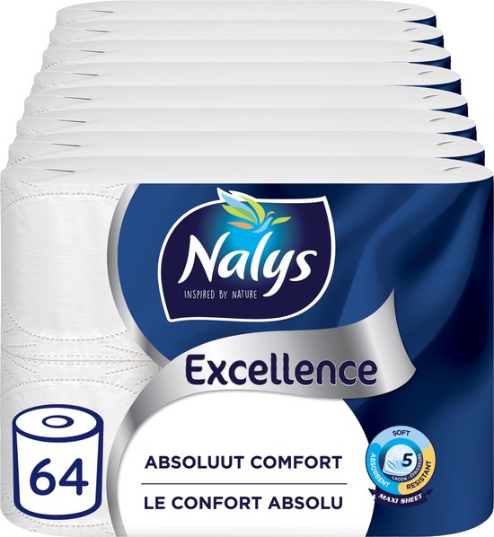 Nalys Excellence Toiletpapier - 64 rollen - Wit Maxi Vellen wc papier (5-laags) - Voordeelverpakking - papieren verpakking