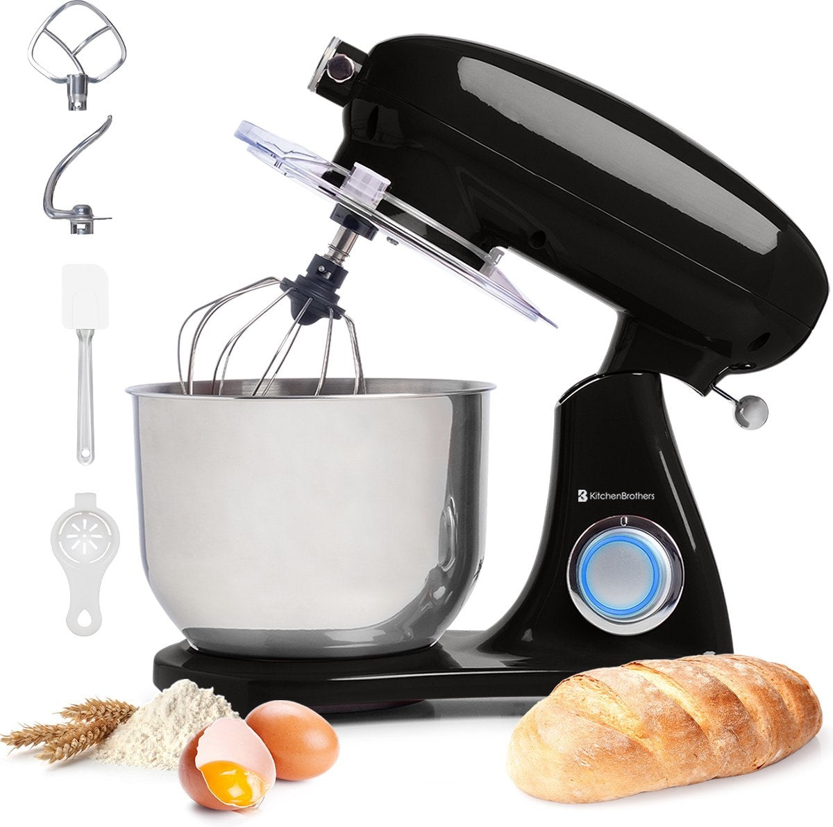 KitchenBrothers Keukenmachine - Keukenmixer met 6L RVS Mengkom - 1800W - Zwart