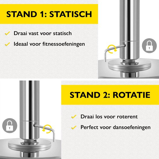 Zoluko Professionele Danspaal - Verstelbaar in hoogte: 2,24 m tot 2,74 m - Roterend en Statisch - 200KG Draagvermogen - Paaldansen - Dansstang - Pole Dance - Dance Pole - Zilver/Chroom
