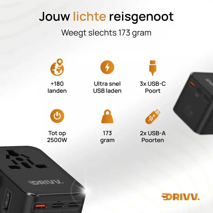 Drivv. Universele Wereldstekker USB-C 45W - voor 180+ Landen - 3x USB-C & 2x USB-A - Compacte Reisadapter