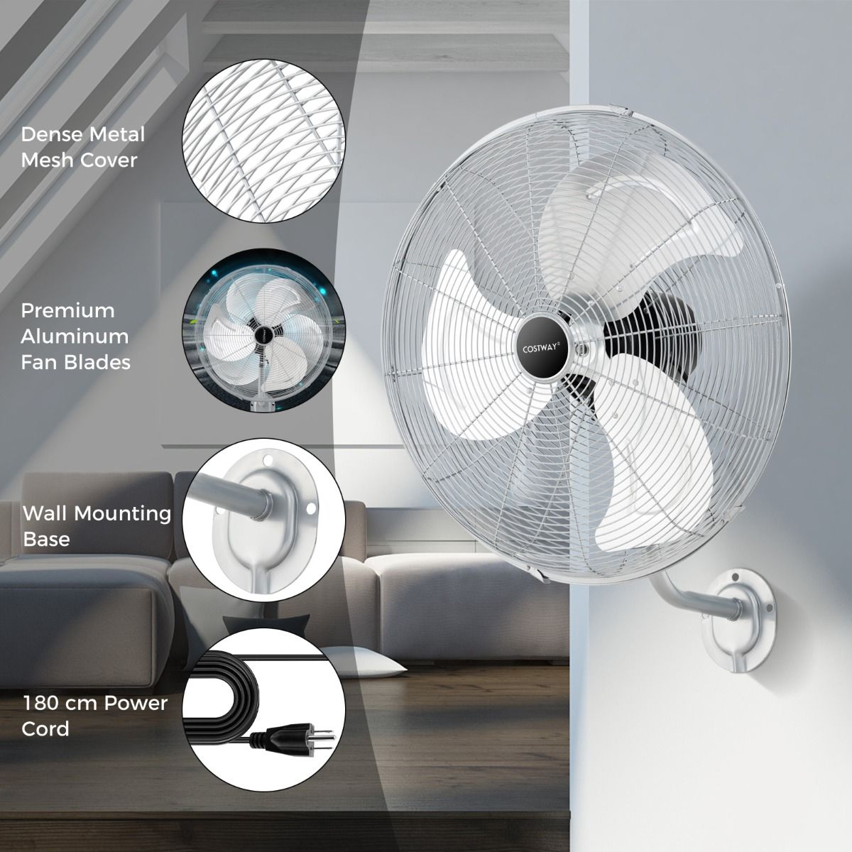 Coast Industriële Wandventilator Ø 56 cm – Zilver – 3 Snelheden, 85° Oscillatie, 30° Kantelbaar