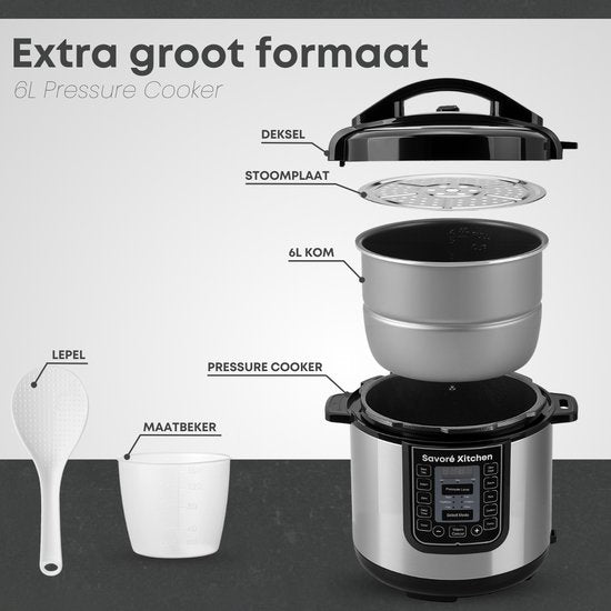 Savoré Kitchen Pressure Cooker 6L – Tot 6 Pers. – PFAS-vrij – 29 × 33,5 cm – Snelkookpan, Rijstkoker, Slowcooker, Stomer, Sous-vide & Multicooker