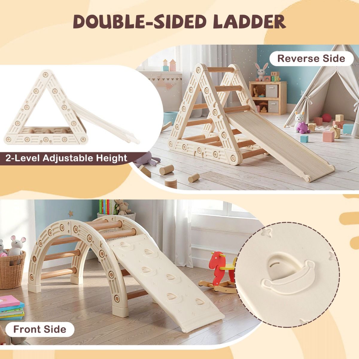 Coast Montessori klimset voor kinderen - 5-in-1 houten klimrek met boog en dubbelzijdige ladder - beige en koffie