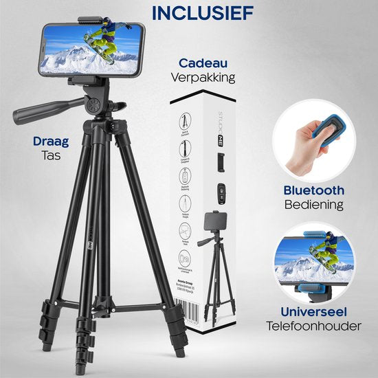 Studio ME Telefoon Statief - 128 cm - Tripod Smartphone - Zwart - Camera Statief - Telefoonhouder - Incl. Bluetooth Afstandsbediening - Statief Telefoon