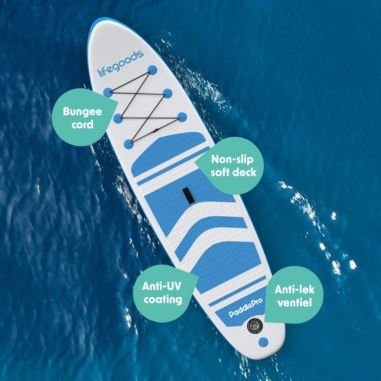 LifeGoods PaddlePro SUP Board - Opblaasbaar Paddle Board - Complete Set - Max. 135KG - 320x81cm - Wit/Sky Blue