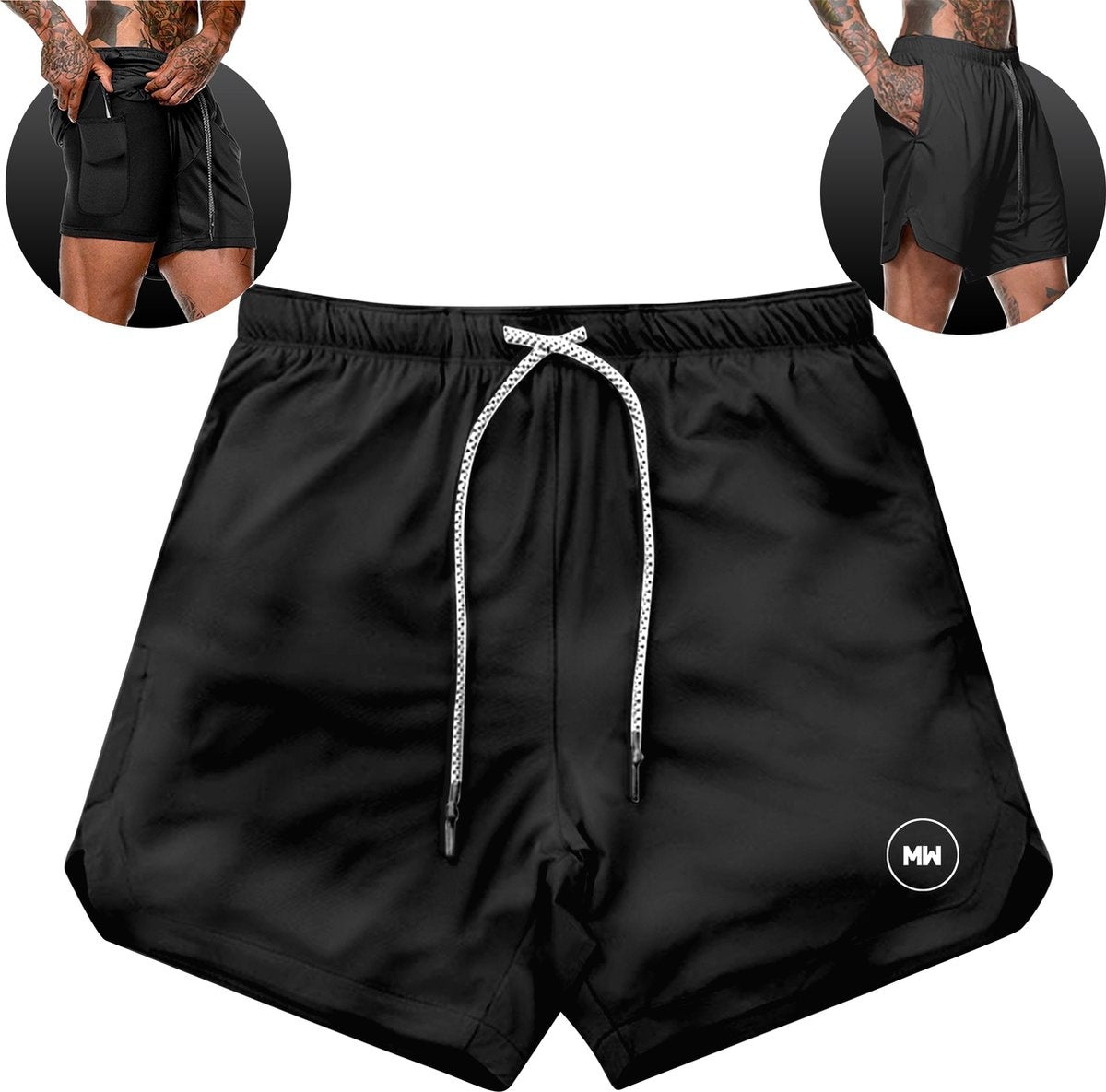 MW – Sportbroek Voor Heren – Maat M & 2-in-1 Design – Voorzien Van Mobiel Zak En Elastische Tailleband – Voor Gym En Hardlopen – Zwart Polyester
