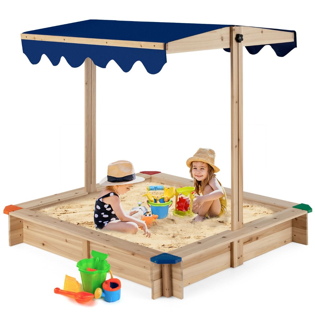 Coast Houten zandbak met verstelbare luifel - zonder bodem - zithoek - blauw - 121 x 121 x 120 cm