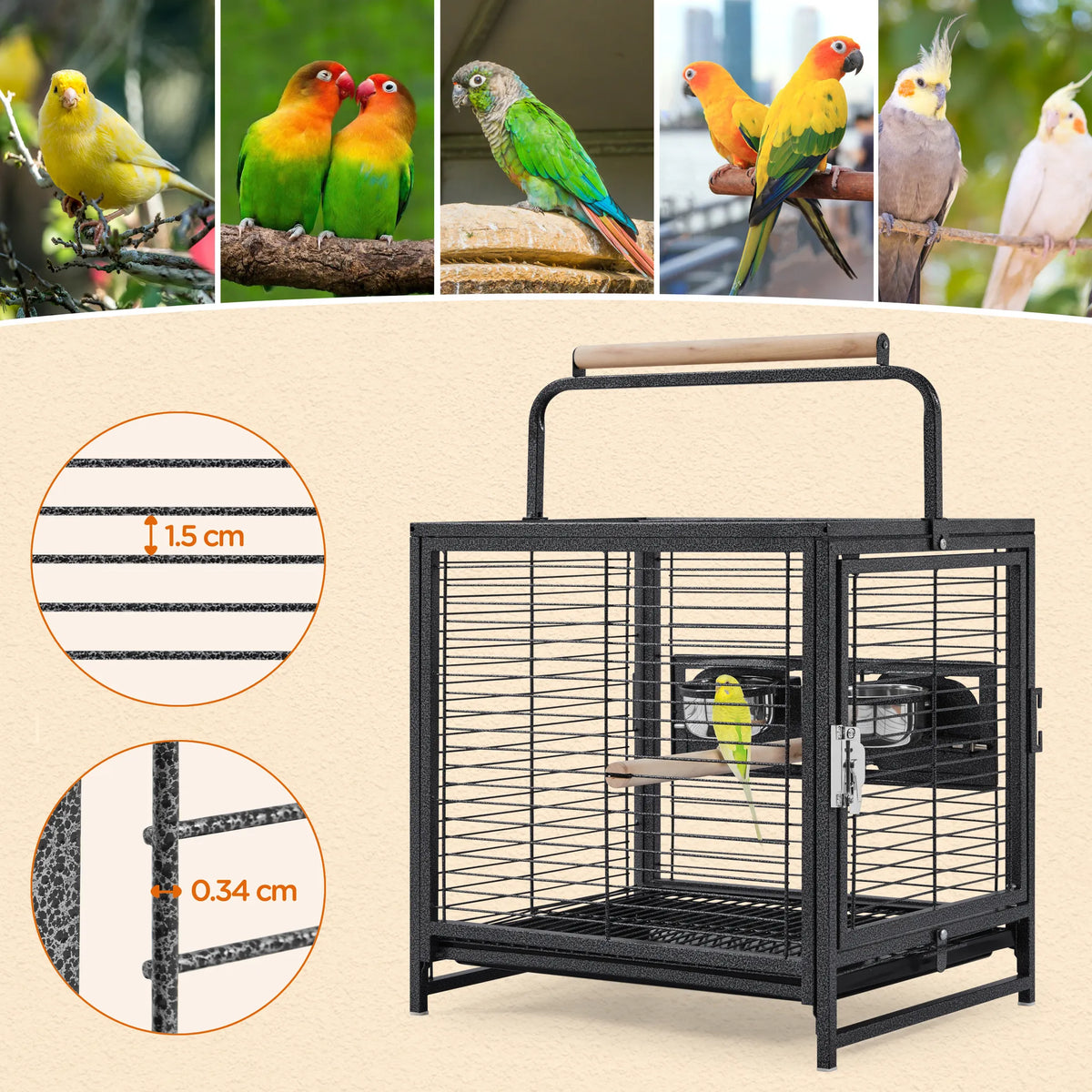Yaheetech Vogelkooi Met Handgreep – Voorzien Van Houten Zitstokken En Waterafstotende Coating En Afsluitbare Deur – Voor Kanaries En Grasparkieten – Zwart Metaal Kunststof En Hout – 48,5 x 39 x 65 cm