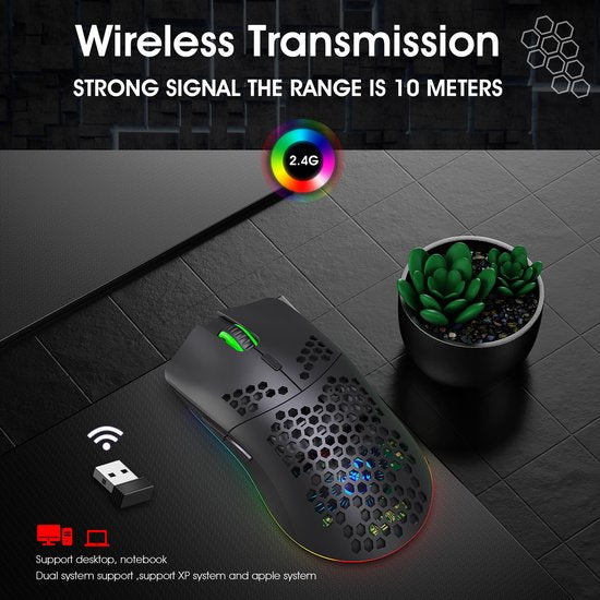 HXSJ T66 - Draadloze Gaming Muis - Computermuizen - Ultra licht - RGB Verlichting - Zwart