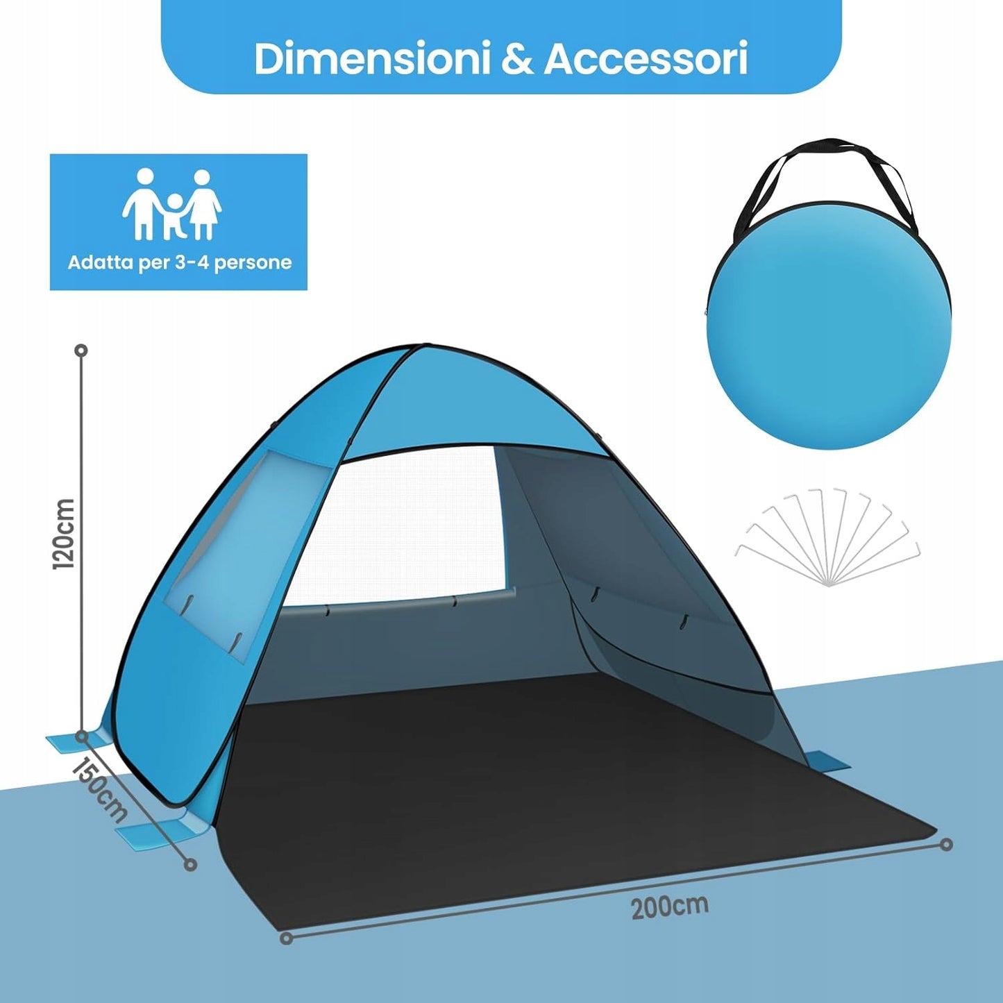 Woltu Pop-Up Strandtent - Blauw - 200 x 150 x 120 cm