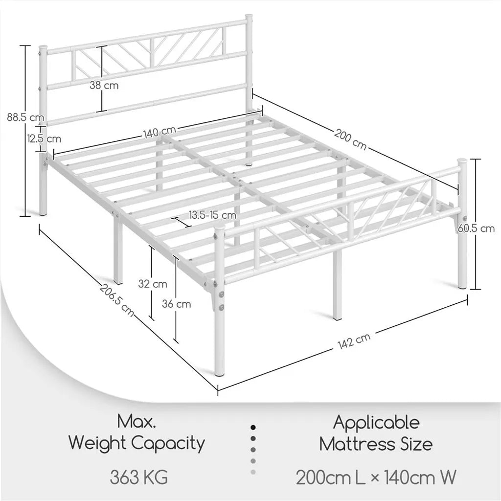 Yaheetech Metalen Bedframe - Lattenbodem - 140 x 200 cm - 32 cm Opbergruimte - Wit