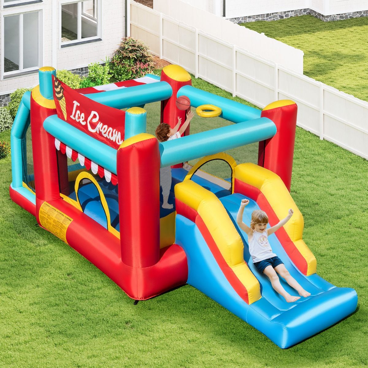 Coast Opblaasbaar Springkussen 5-in-1 - Glijbaan - Ballenbad - Basketbalring - Meerkleurig 485,5 x 239 x 206 cm