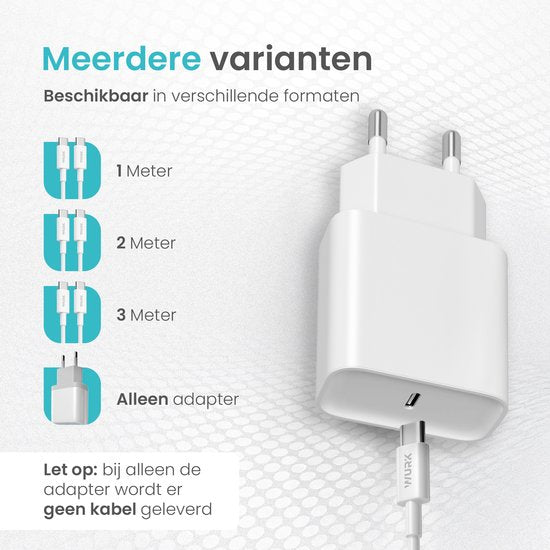Wurk Snellader Geschikt voor Apple iPhone, iPad & Airpods - 20W Oplader - 1 Meter USB C naar Lightning Kabel - Lader Geschikt voor 14/13/12/11/Xr/Xs/Xs Max/8/8 Plus/ Pro