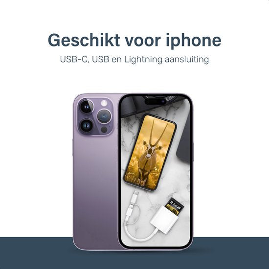 Skoov SD Kaart Lezer - Card Reader voor iPhone en USB-C - Micro SD en SD Kaartlezer - Lightning Adapter - Geheugenkaartlezer - SD en Micro SD Reader - USB naar USB C