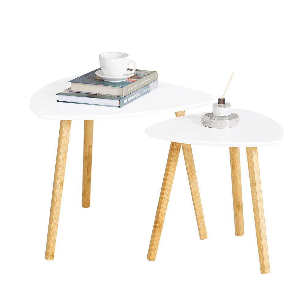 Set van 2 kleine tafels met planken, salontafel, salontafel, kleine tafel, bamboe, wit/naturel