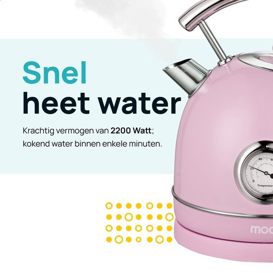 MOA Waterkoker Retro - 1.8L - RVS - BPA vrij - 2200W - 21.30x21.40x28.60 cm - Pastel roze