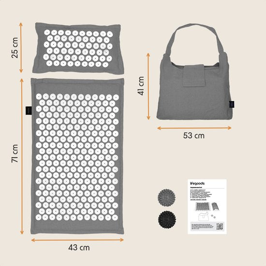 LifeGoods Acupressuur Mat Eco - met Kussen - Shakti mat - Spijkermat Incl. 2x Triggerpoint Bal en Draagtas - 72x43x2cm - Grijs/Wit