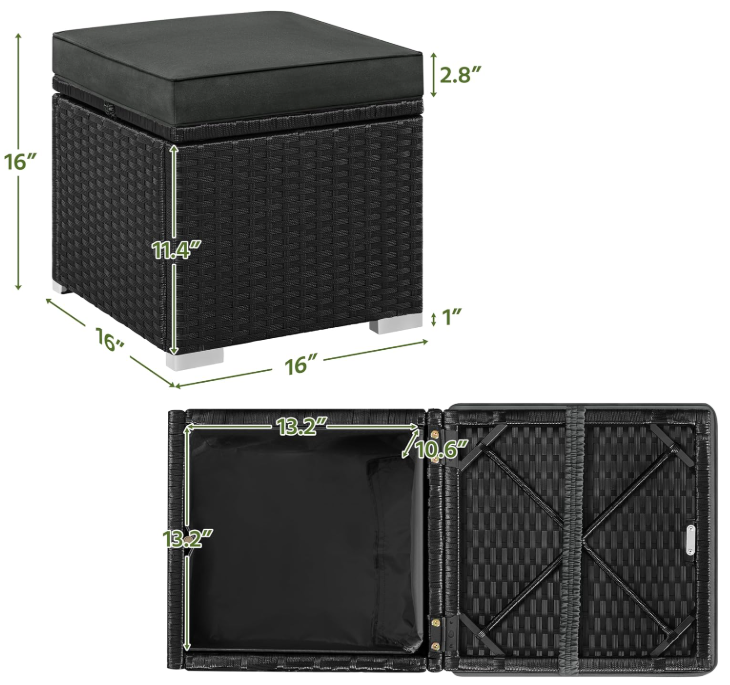 Yaheetech Rotan Poefs Set van 2 Zwart/Grijs 39,4 x 39,4 x 40,6 cm