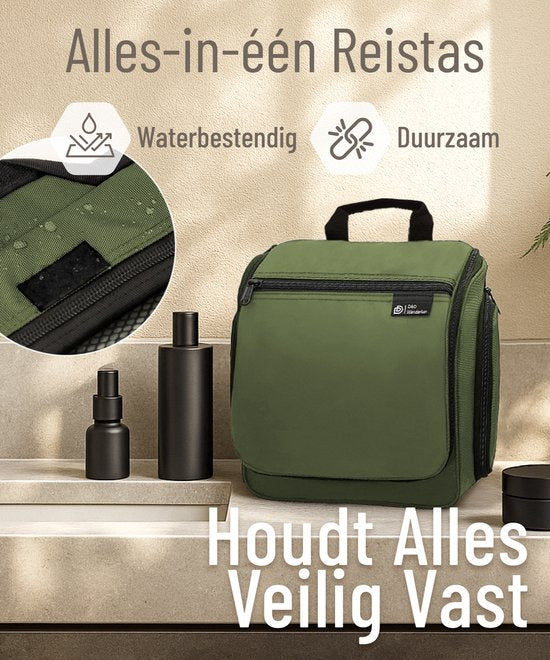 D&D Wanderlust Toilettas met Haak - Ophangbare Luxe Travel Organizer met 10 vakken - Groen - Unisex Dames & Heren - 6 liter inhoud - Reis Toilettas Hangend Groot - Make up Tasje