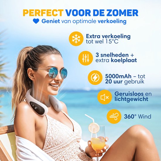 Vulpes Goods® Tech - Nek Ventilator met Koelelement - Oplaadbaar & Geruisloos - Draagbare Gezichtsventilator - 3 Standen met Extra Koeling - ELITE Versie