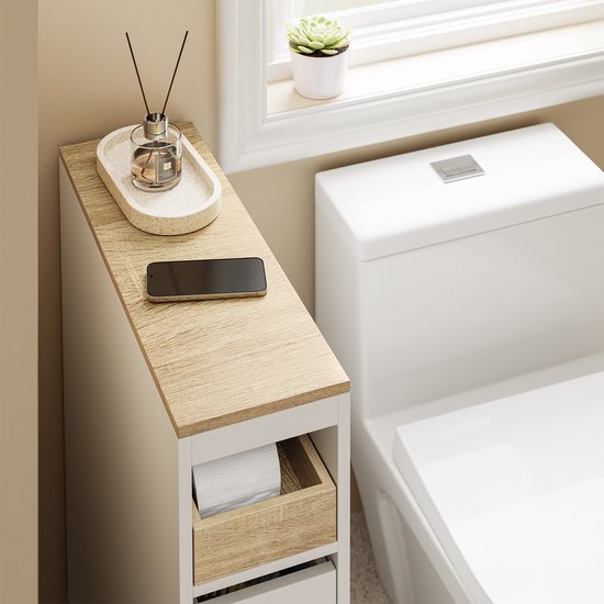 SoBuy Toiletkast 20 cm, badkamerkast met 3 laden, kleine toiletpapierkast, mobiele plank voor badkamer, toilet en keuken, wit, 60 x 20 x 82,3 cm