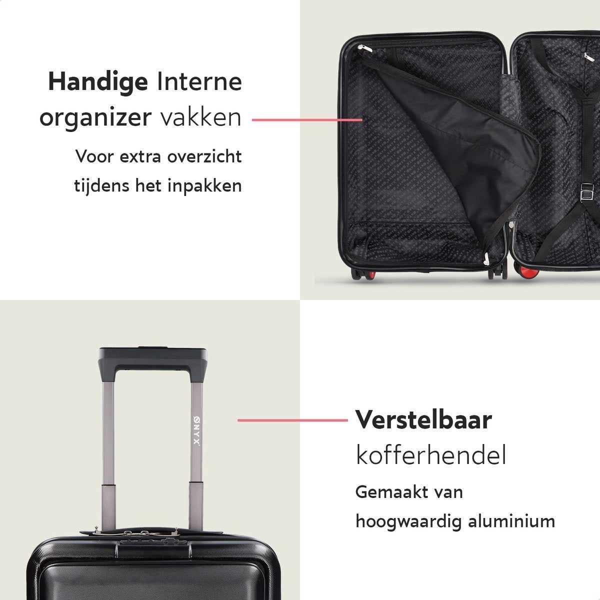ONYX® - Handbagage koffer 35 L - Spinner wielen - Lichtgewicht trolley - Dubbel TSA slot - Praktisch voorvak - 55 cm - Zwart