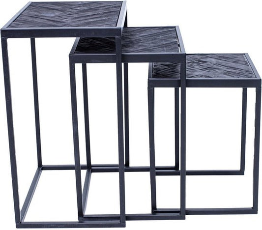 Bergen Bijzettafelset van 3 Tafels - Visgraat Patroon - Teakhout - 48 x 59 x 37 cm - Zwart