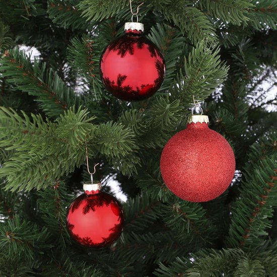 Mica Decorations Kerstballenset 42 Stuks - Kerstballen voor een Sterke Basis - Kerstversiering met Mat, Glans en Glitter - Piek in Meerdere Formaten - Ø7 cm - Rood