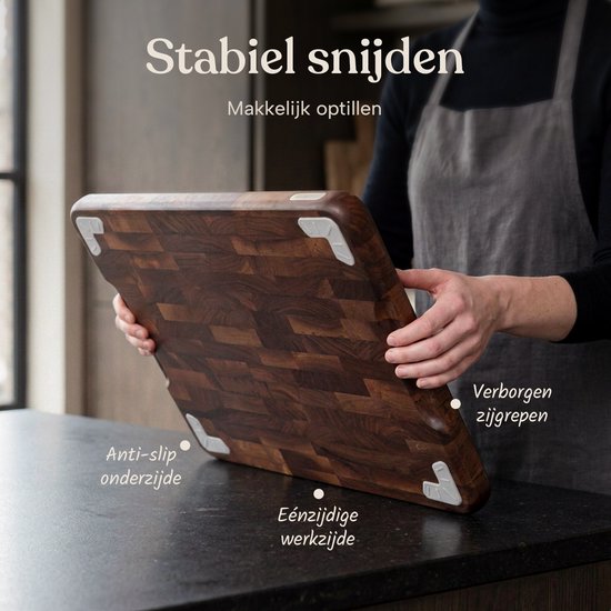 Deleca Walnoot Kopshouten Snijplank met Sapgeul - Hakblok Hout - Anti-slip / Handgrepen – Signature Amerikaans Walnoten Kopshout - 43x33x3 cm