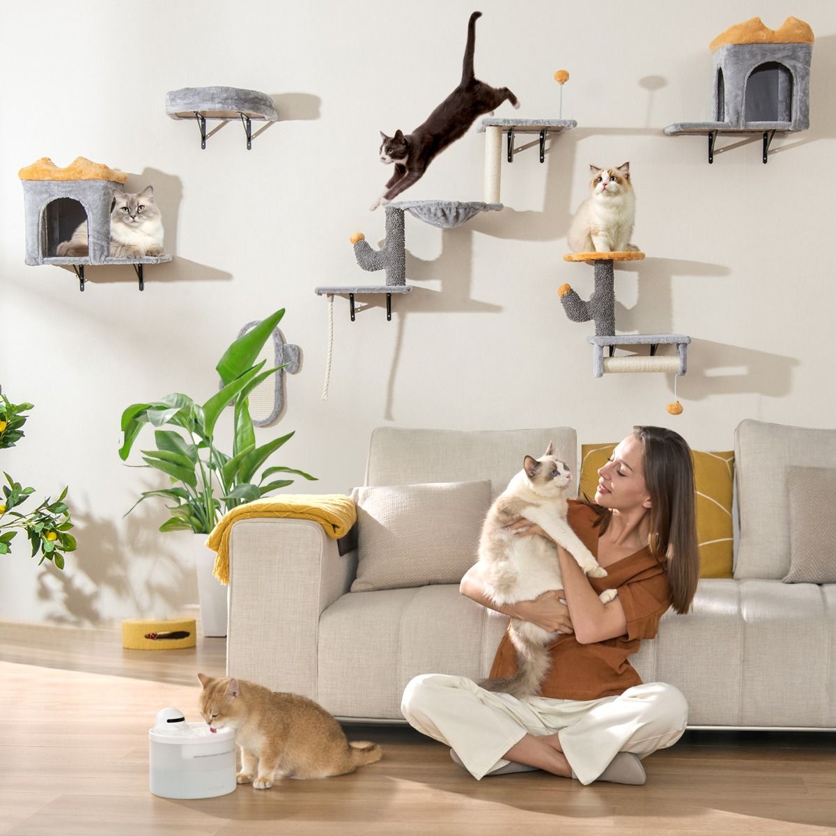 Coast Wandgemonteerde Kattentoren Set - Ruimtebesparend - 2-Niveau Platform - Grijs