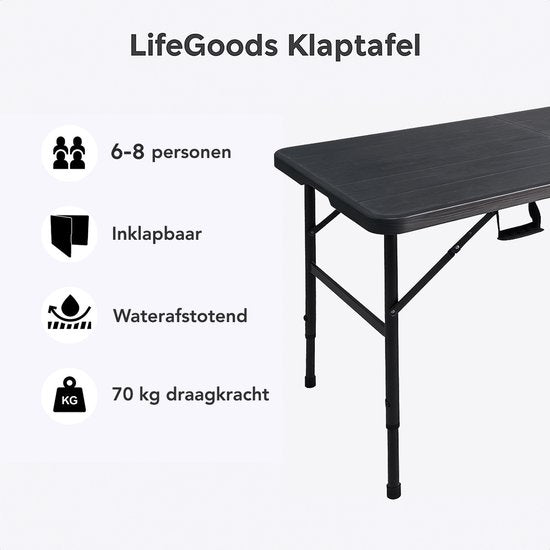 LifeGoods Inklapbare Tafel - 180x74 cm - Stevige Klaptafel - Weerbestendig - Inklapbare eettafel - Campingtafel - Vouwtafel voor Binnen en Buiten - Zwart houtnerf look