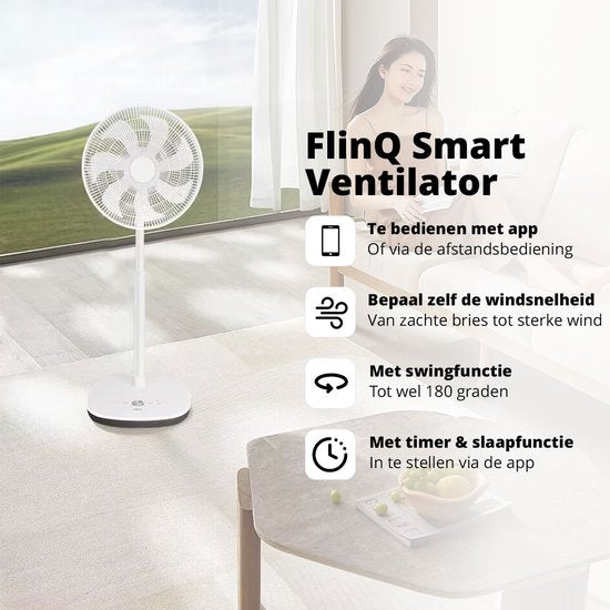 FlinQ Statiefventilator -  Stil  met 90° Draaibeweging - Bedienen met App of Afstandsbediening - Wit