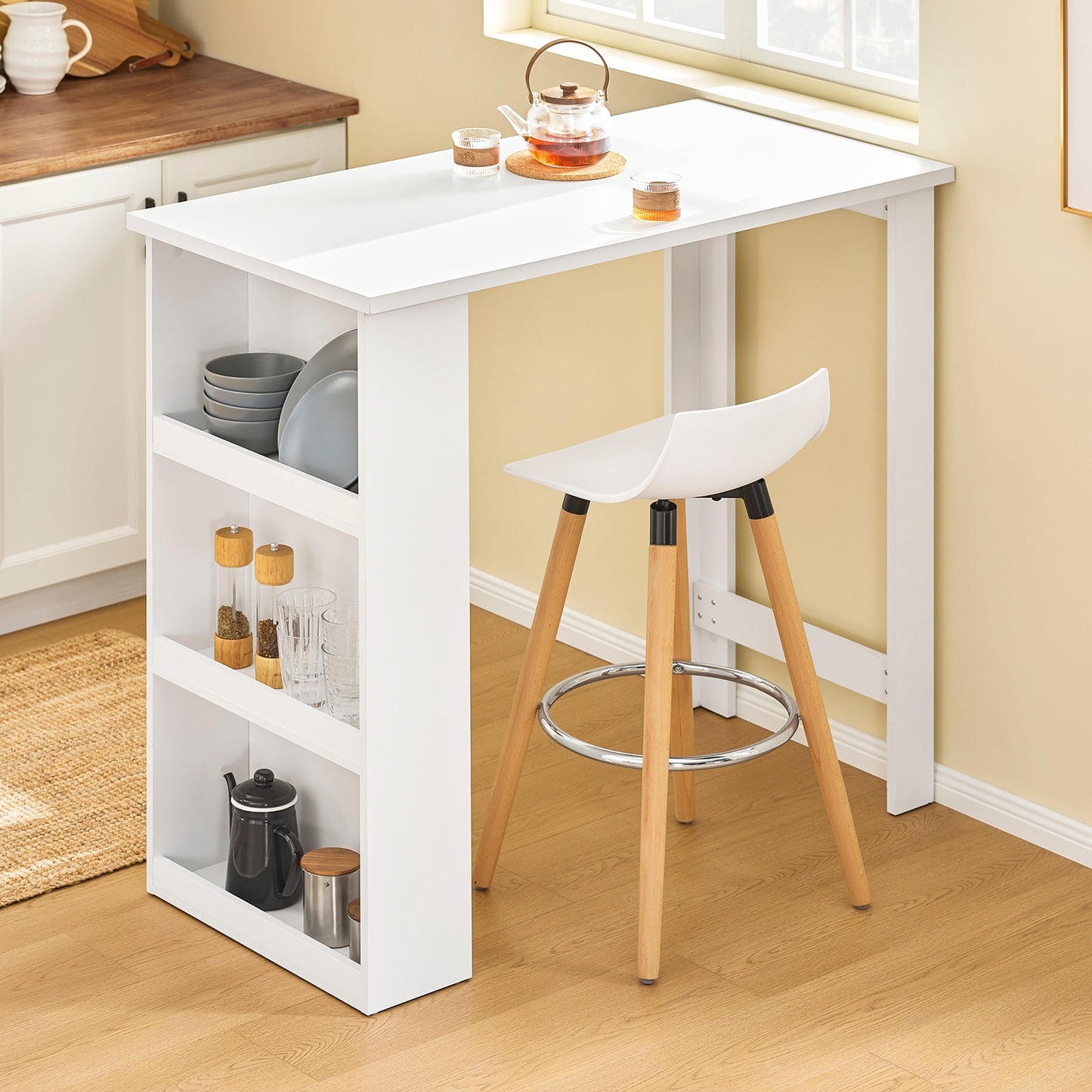 SoBuy FWT17-II-W Bartafel – Hoge Keukentafel met Opbergruimte – Compacte Staantafel voor Keuken, Woonkamer of Koffiebar – Wit – 112 x 57 x 106 cm