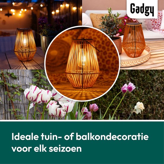 Gadgy Solar Tuinverlichting Rattan Bruin - Tuinverlichting op Zonne Energie - Solar Tafellamp met USB-aansluiting - Buitenlamp Tuinbeeld - Tuinlantaarn met Dag/Nacht Sensor - Verlichting voor Buiten - Lantaarn Tuin