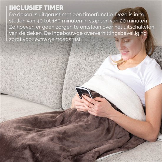 BREND BR-2219 Elektrische Deken met 9 Temperatuurinstellingen – Flanel Fleece Deken - Warme Plaid voor Bank en Bed – 180 x 130 cm - Bruin/Wit