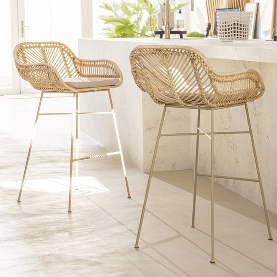 Nunuhai - Set van 2 rotan barkrukken met beige poten, hoogte 68 cm