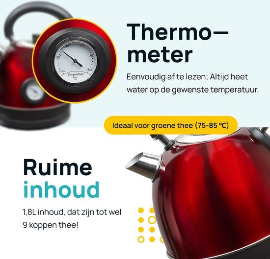 MOA Waterkoker Retro - 1.8L - RVS - BPA vrij - 2200W - Elektrische Waterkoker- Rood
