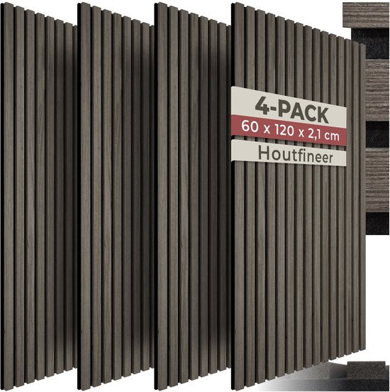 tectake® Akoestische Panelen - Set van 4 - Akoestisch Wandpaneel - 60 x 120 cm - 2,88 m² - Wandpanelen met Aanpasbare Grootte - Lattenwand van MDF en Houtfineer - Geluidsisolatie - Stijlvolle Wanddecoratie - Eenvoudige Montage - Eiken Grijs