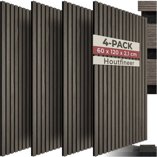 tectake® Akoestische Panelen - Set van 4 - Akoestisch Wandpaneel - 60 x 120 cm - 2,88 m² - Wandpanelen met Aanpasbare Grootte - Lattenwand van MDF en Houtfineer - Geluidsisolatie - Stijlvolle Wanddecoratie - Eenvoudige Montage - Eiken Grijs