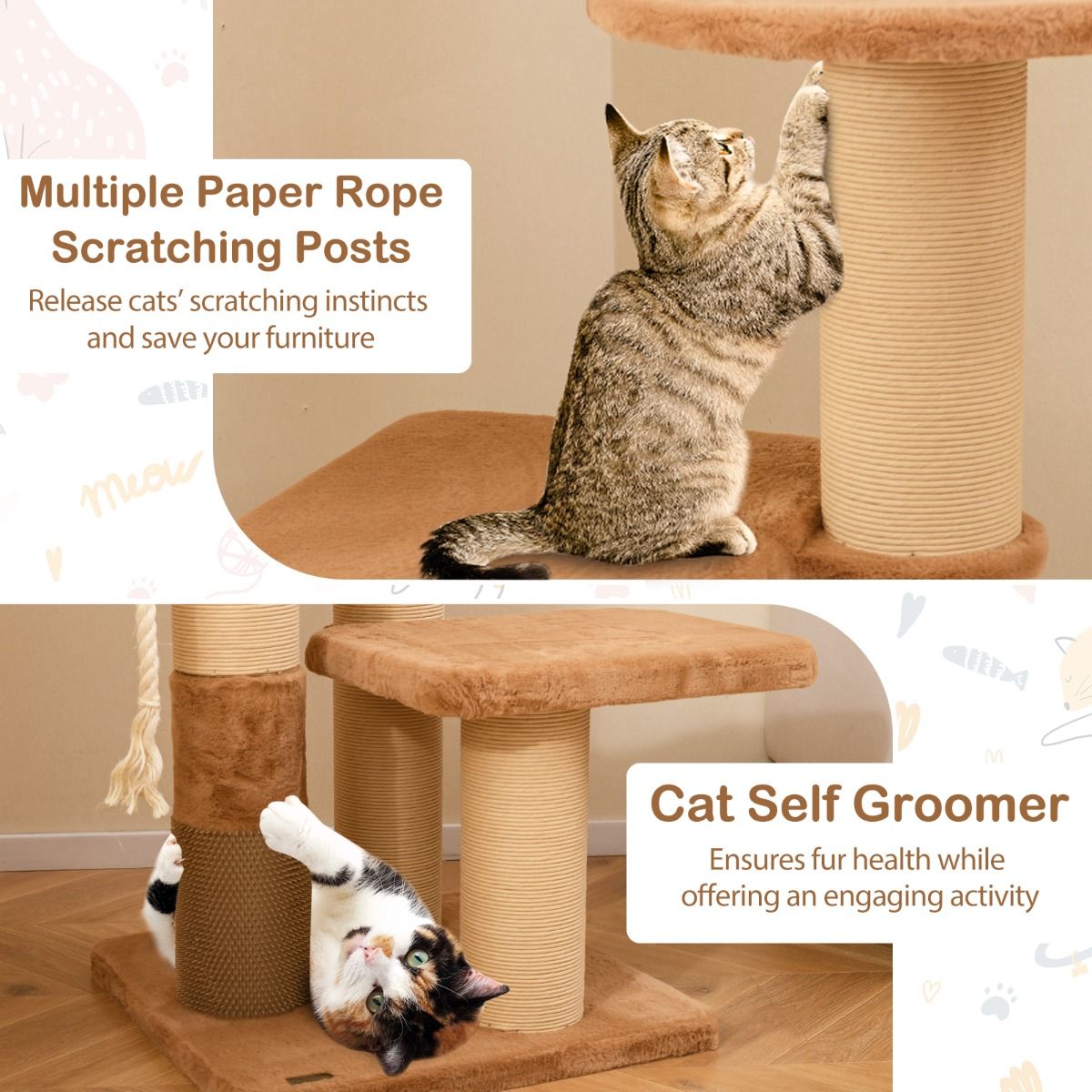 Coast Kattenboom - krabpaal met gevoerde zitstokken - uitneembaar kattenbed - karamel en wit - 164 cm