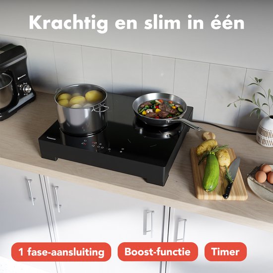 KitchenBrothers Inductie Kookplaat - Vrijstaande Inductieplaat - 60 cm - 4 Zones - 1 Fase - Tot 2400W - Zwart